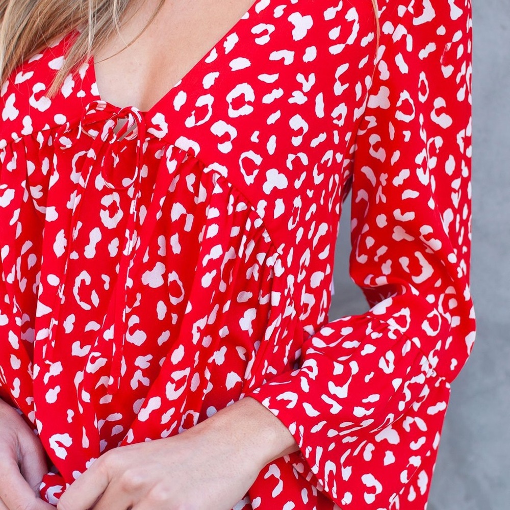 Long Sleeve Ruffle Blouse | Red and White Print